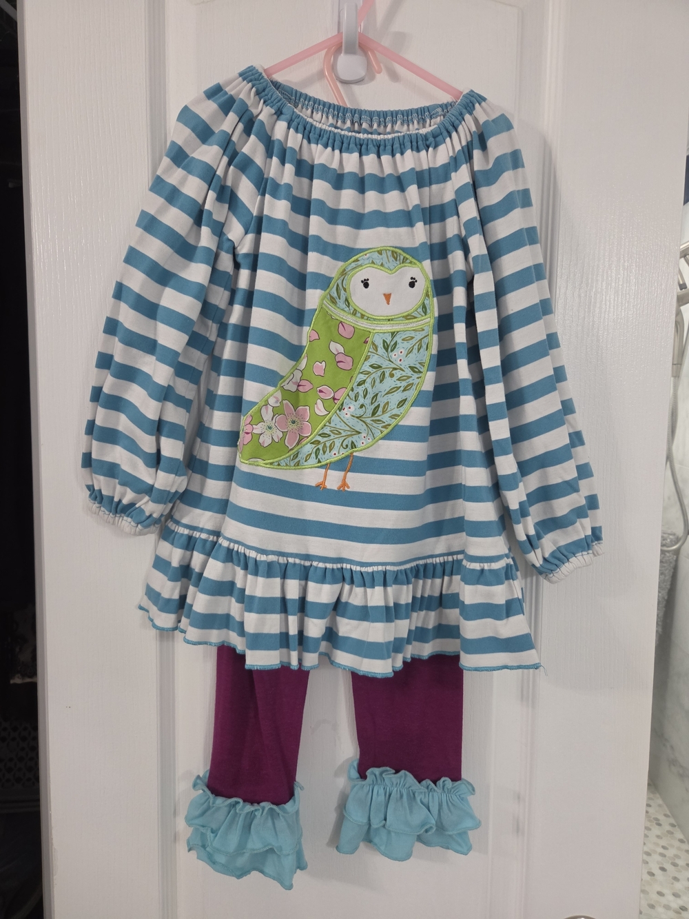 Girls Blue Striped Owl Tunic Set with Purple Ruffle Leggings